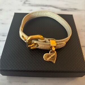 Miu Miu Cream Crocodile Embossed Leather Gold Tone Heart Charm Bracelet